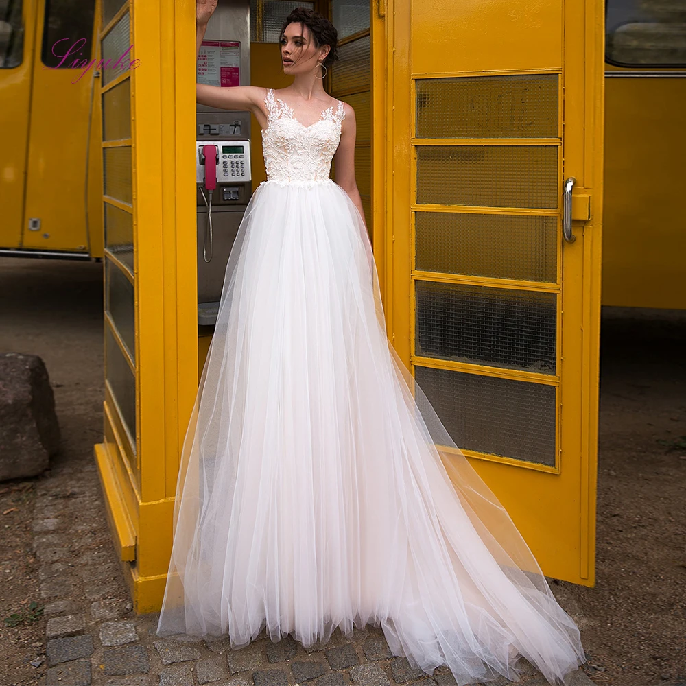 Liyuke 2019 свадебное платье трапециевидной формы с кружевной аппликацией без