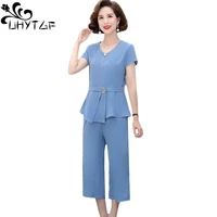 uhytgf casual summer suit womens 2022 v neck pullover t shirt tops mother tracksuit short sleeve slim loose size two piece set 5