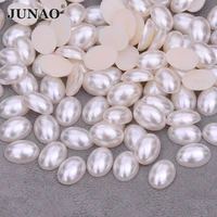 junao 10x14mm beige white color pearl beads oval rhinestone flatback pearl applique non sewing beads for crafts