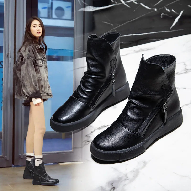 

high quality genuine leather boots women lace up autumn winter ankle boots for women platform high heels boots tyh6