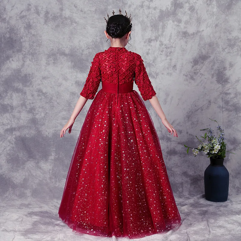 

Children Girls High Quality Exquisite Design Hand-made Beading Florals Birthday Wedding Party Dress Model Show Catwalk Host Wear