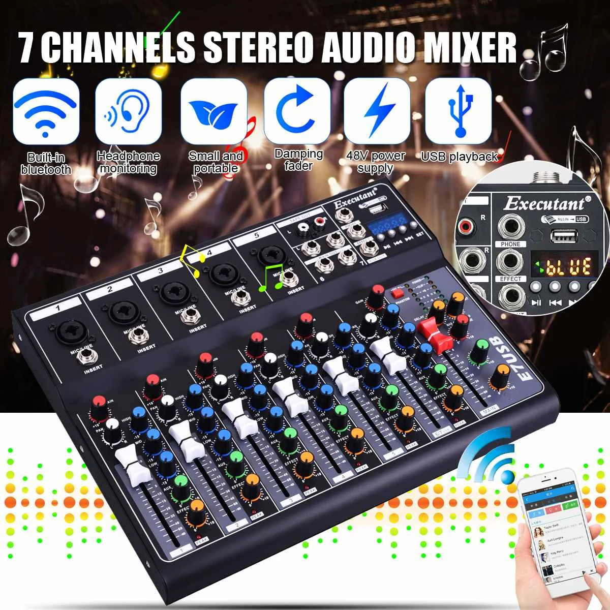 

Портативный аудио микшер с bluetooth, с USB, DJ звуковая микшерная консоль, MP3 Разъем, 7-канальный караоке, 48 в усилитель, караоке, KTV, подходит Вечерни...