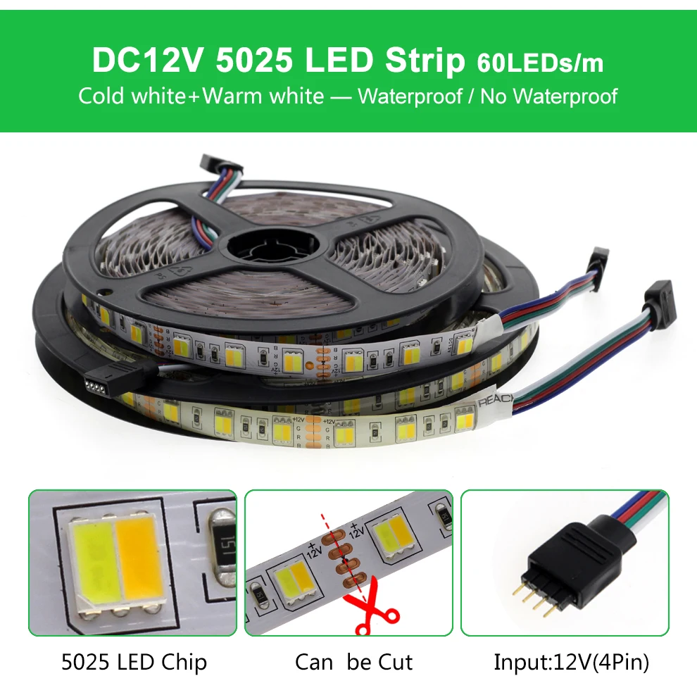 5 м холодный белый+ теплый белый светодиодный свет 5025 DC12V двойная белая гибкая светодиодная лента+ пульт удаленного управления, cct управление+ 12 В 3A источник питания