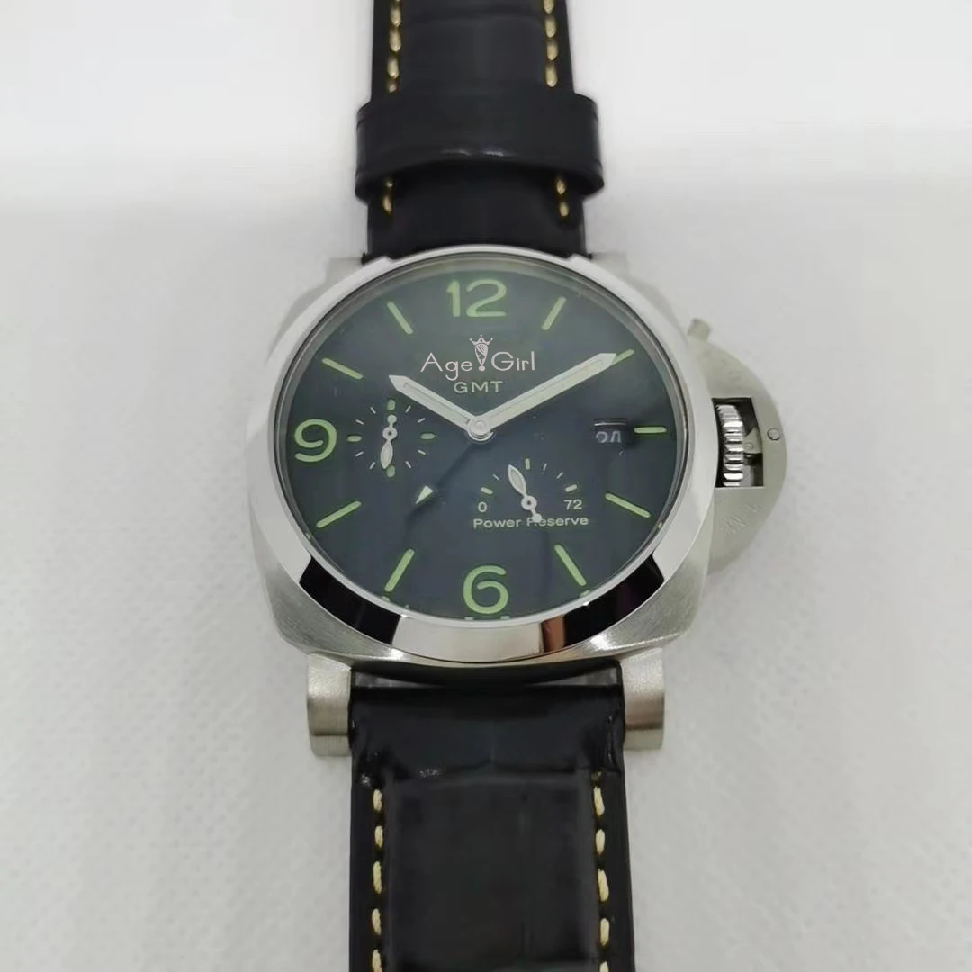 

Luxury Brand New Men Automatic Mechanical Stainless Steel GMT Power Reserve 1950 Black Leather Luminous Watch 44MM Green Number