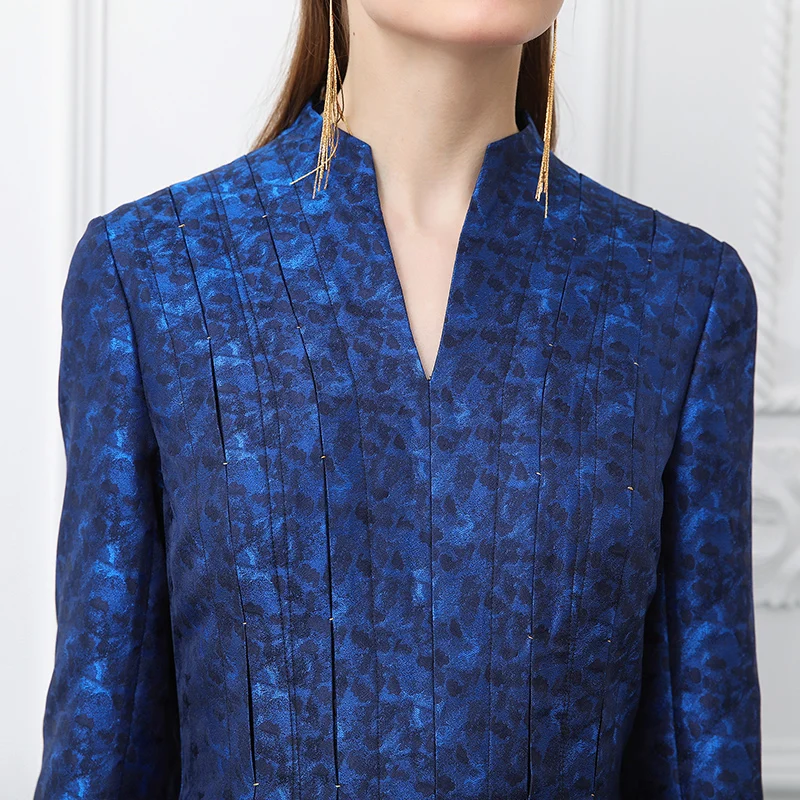 VOA 2018 весеннее темно синее винтажное платье больших размеров с высокой талией