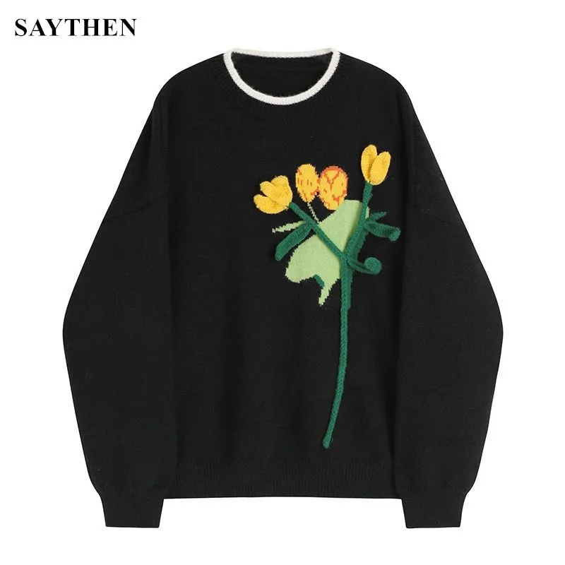

SAYTHEN Autumn New Three-Dimensional Tulip Loose Round Neck All-Match Pullover Commuter Knitted Top Women