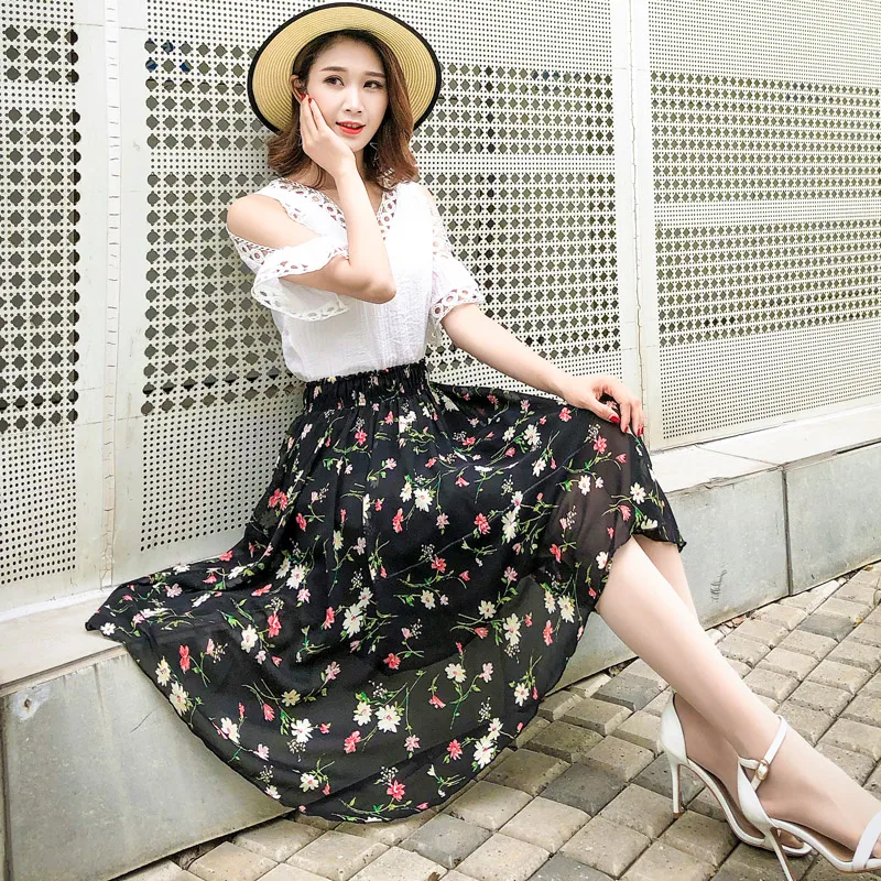 Юбка женская шифоновая средней длины с цветочным принтом и завышенной талией |