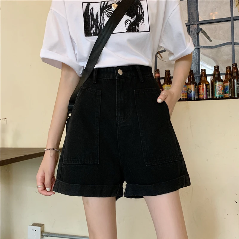 

Shorts Womens Summer Denim Big Pockets Solid Button A-Line Cuffs Retro Vintage Loose All-match High Waist Wide Leg Chic New Hot