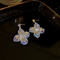 lovoacc elegant clear crystal flower dangle earrings for women ladies gold color shinning rhinestone earrings oorbellen gifts