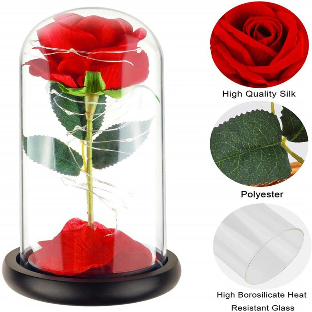 

Beautiful Rose Kit Red Silk Rose with 10 LED Lights in Glass Dome on Wooden Base for Lover, Anniversaries