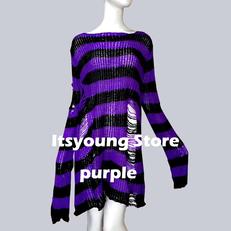 Женский полосатый длинный свитер готический модный хипстерский с разрезом и