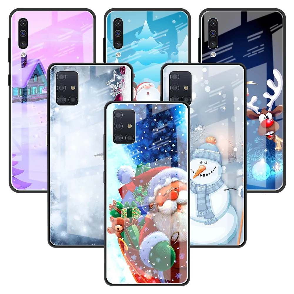 

Glass Phone Case For Samsung Galaxy A51 A50 A71 A52 A70 A21s A72 A31 M31 M51 A30 A10 Tempered Back Capa Merry Christmas Pattern