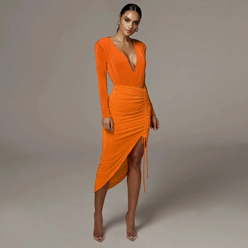 

Donsignet Fashion Women's Suit Summer Casual Hot Sale V-neck Pullover Solid Color Sexy Slim Drawstring Fold Split Two-piece Suit