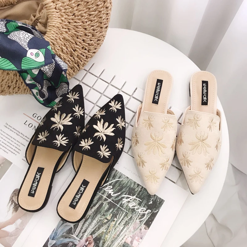 Женские туфли без задника с вышитыми пчелками Шлепанцы на плоской подошве