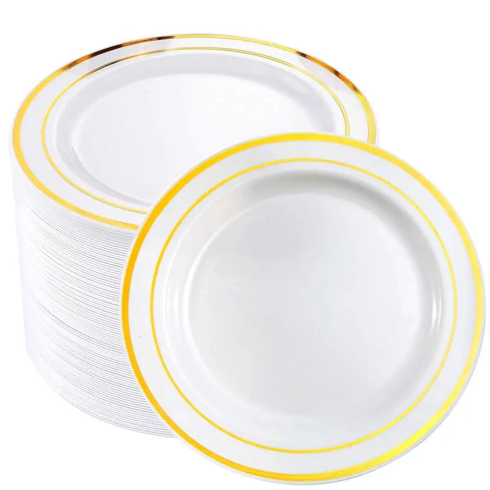 

50pcs Gold Rim Plastic Plates-7.5inch Gold Disposable Salad/Dessert Plates-Ideal for Weddings& Parties