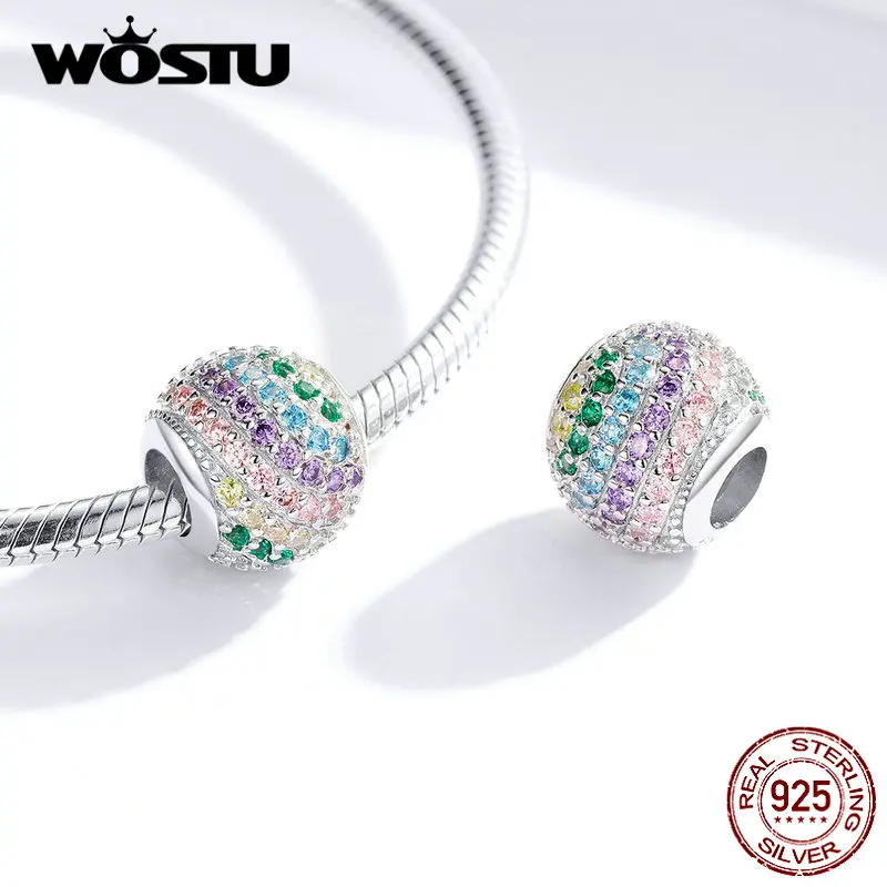 WOSTU, 925 пробы, серебряные, радужные круглые бусины, красочные, циркон, шарм, подходит для оригинального браслета, подвеска, серебро 925, ювелирные изделия CQC1355