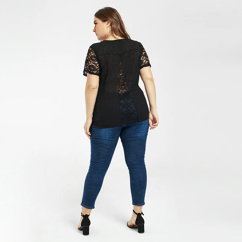 

2021 Fashion Women Large Size Temperament Commuter Lace Stitching Sexy Perspective Single-Wear Base Coat Round Neck