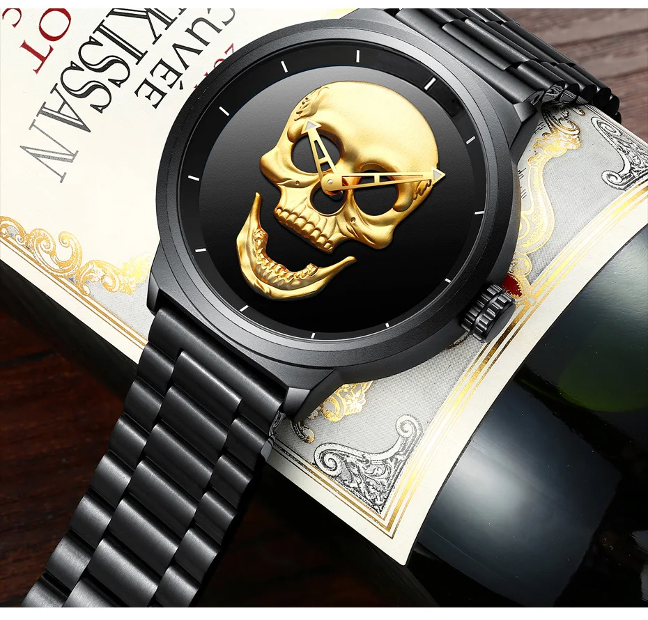 Модные стильные мужские часы с черепом черные стальные повседневные наручные из
