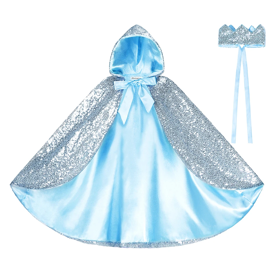 Princess Girls Elsa Sequins Long Cloak Clothing Full Length Hooded Cape Princess Girls Costume Christmas Halloween Party Make Up