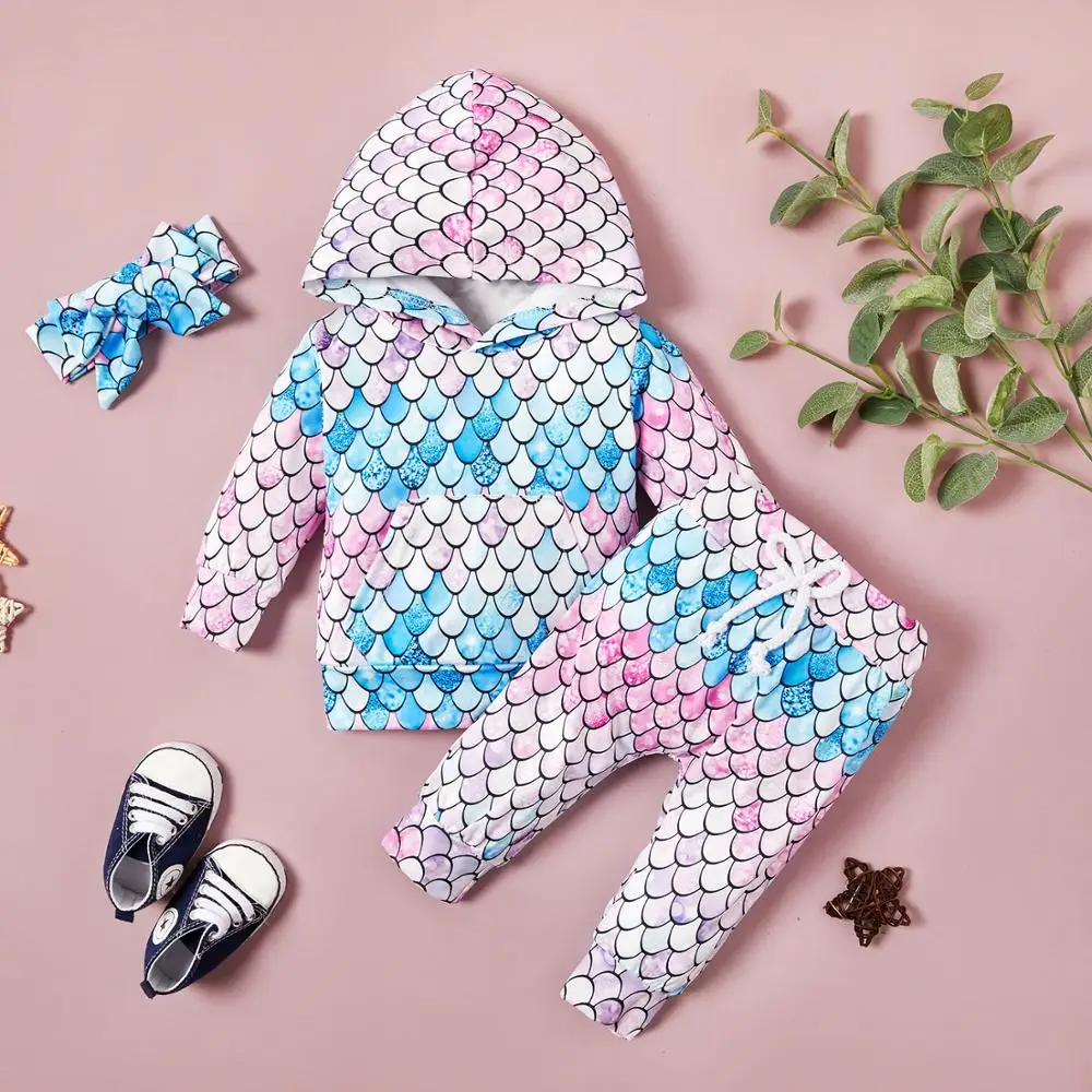 PatPat 2020 New Spring and Autumn 3-piece Fish Scale Print Hoodie Pants Set for Baby Girl Boy Sets Clothes | Детская одежда и