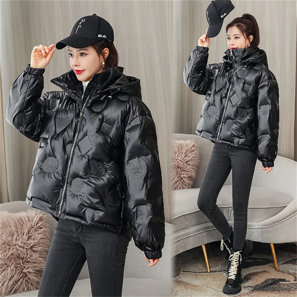 

New Winter Short Parkas Women Glossy Down Cotton Jacket Hooded Detachable Outwear Warm Female Casual Bread Service