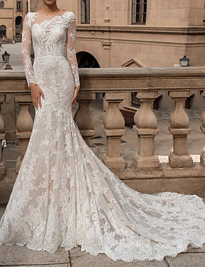 Luxury Lace Mermaid Wedding Dresses Long Sleeves Backless Vestido De Noiva Sexy Elegant Bride Dress Gowns | Свадьбы и торжества