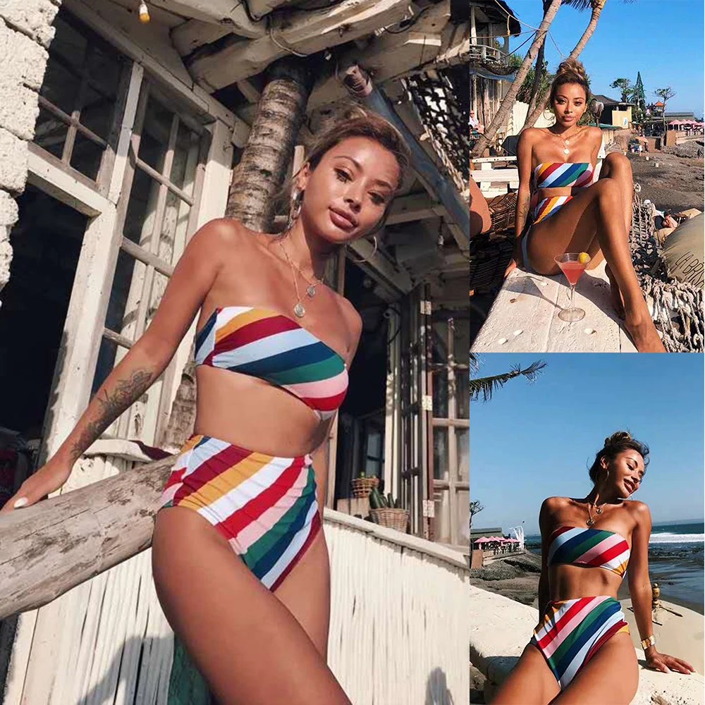 

202 New Arrival Rainbow Stripes Print Bikini Set Women Swimming Suit Sexy Swimwear Swimsuit Bathing Suit Beachwear