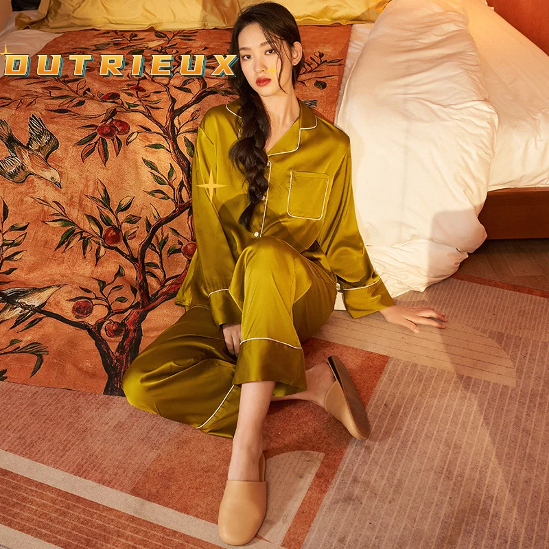 

women pajamas silk sleepwear set Satin Chiffon Nightgown Long sleeve trousers home dress set Vintage women's nightgown