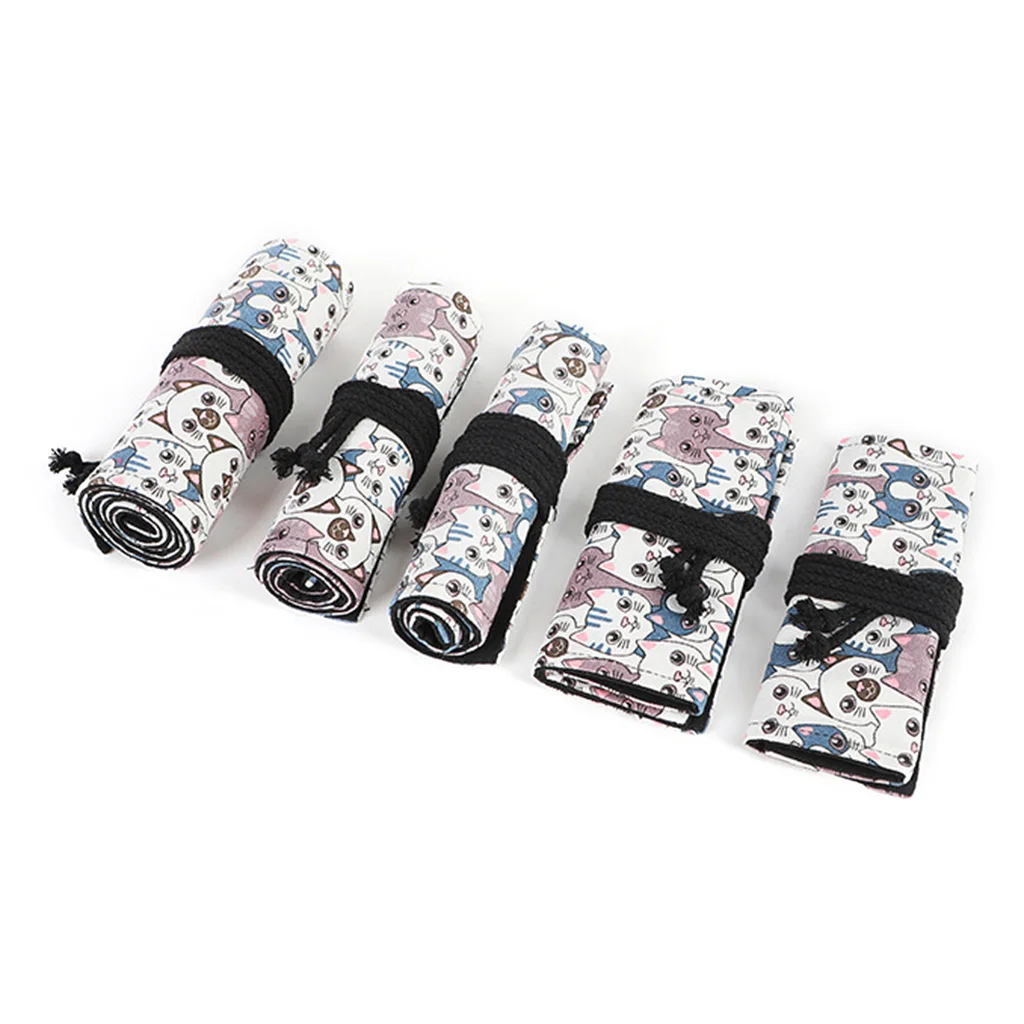 

Cute Cat 12/24/36/48/72 Holes Canvas Roll Pen Curtain Pencil Bag Case Makeup Wrap Holder Storage Pouch School Supplies