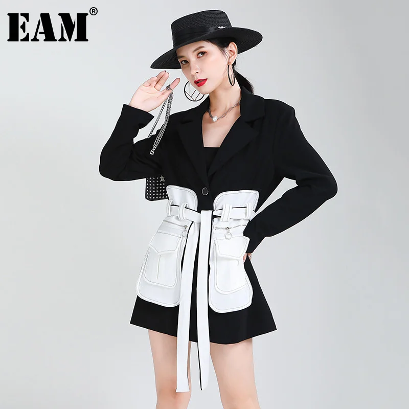

[EAM] Women Black Pocket Contrast Color Bandage Blazer New Lapel Long Sleeve Loose Fit Jacket Fashion Spring Autumn 2022 1Z668