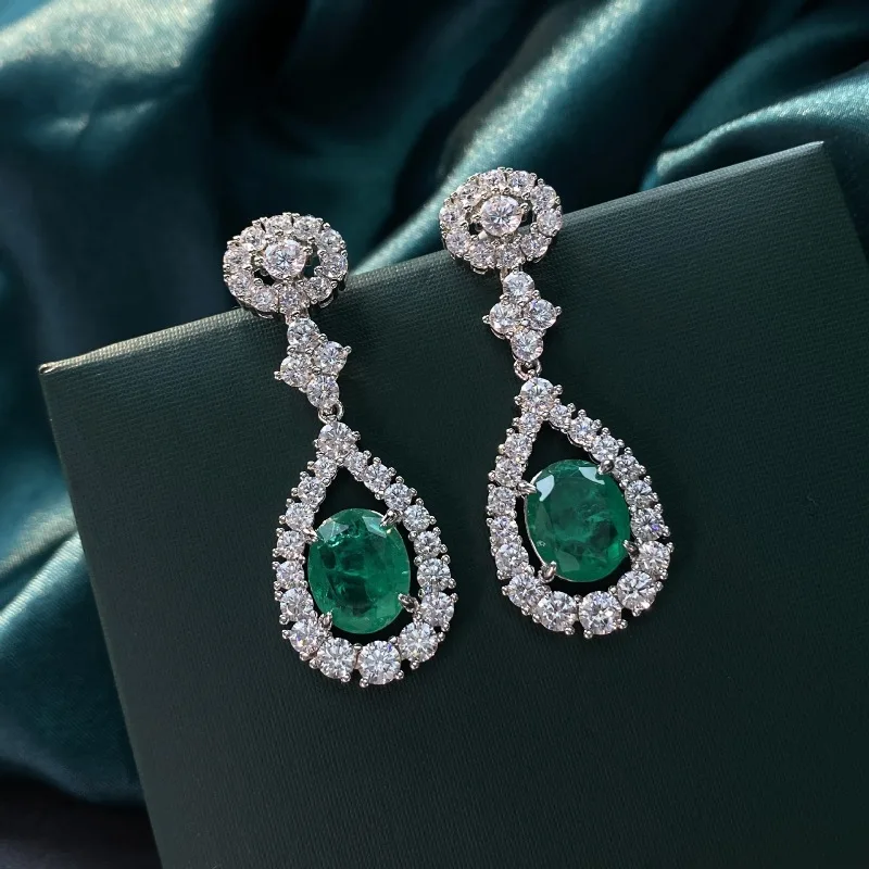 

100% S925 Silver Color Vintage Emerald Hollow Out Water Drop High Carbon Diamonds Drop Earrings For Women Party Fine Jewelry