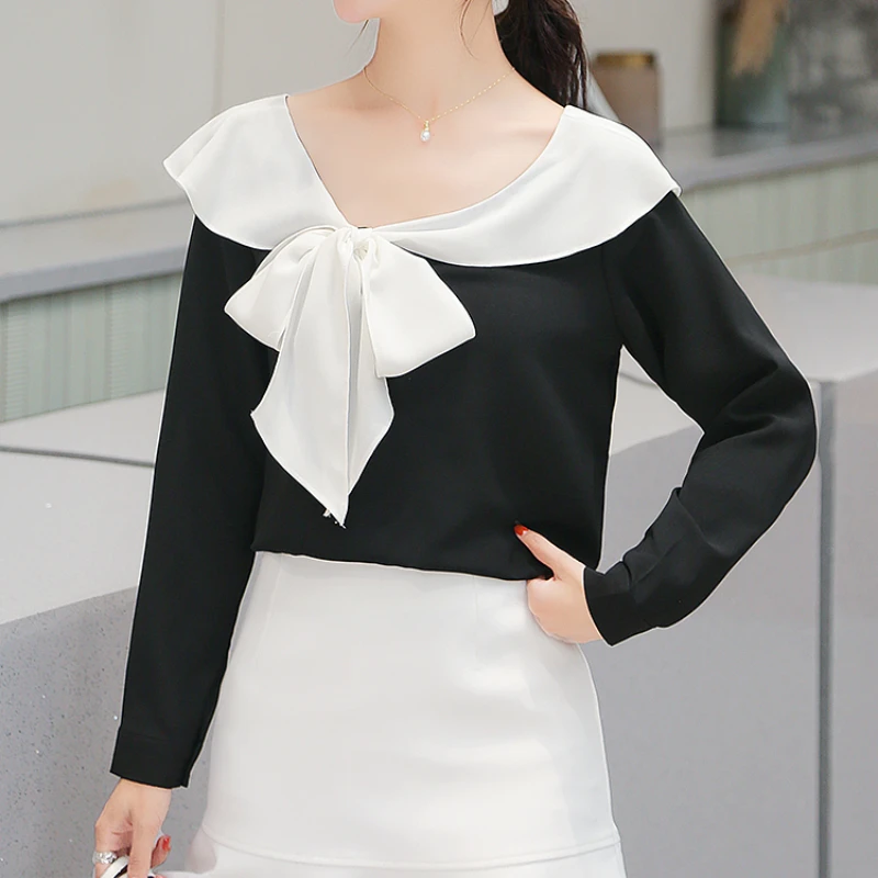 

Pullover Chiffon Blouse New Black White stitching Ruffled Female Short-sleeved And Long Sleeve Shirt Women Ladies Tops 850i