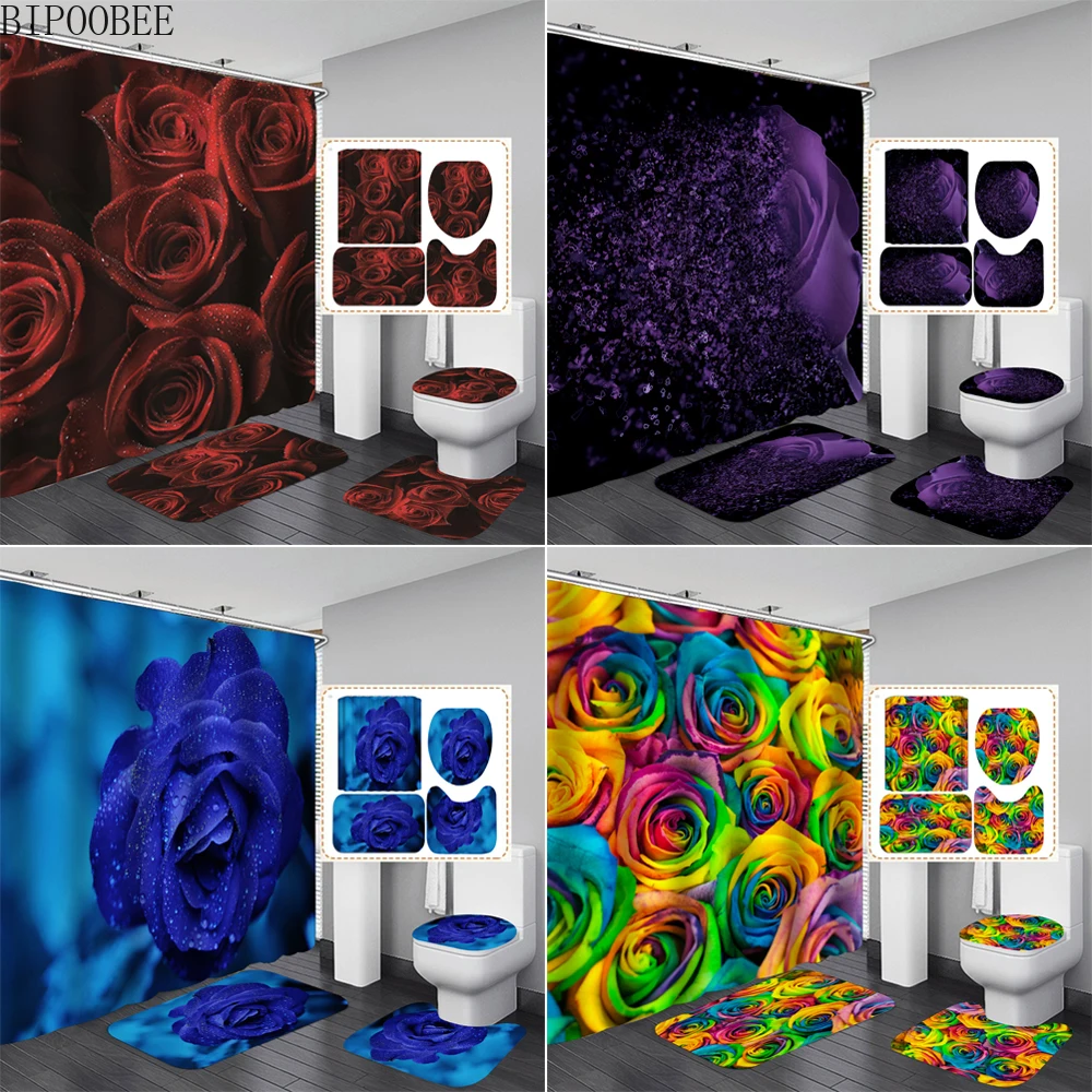 

Purple Rose Fabric Shower Curtain Colorful Flowers Bathroom Curtains Sets with 12 Hooks Toilet Cover Mat Non-Slip Bath Rug Set