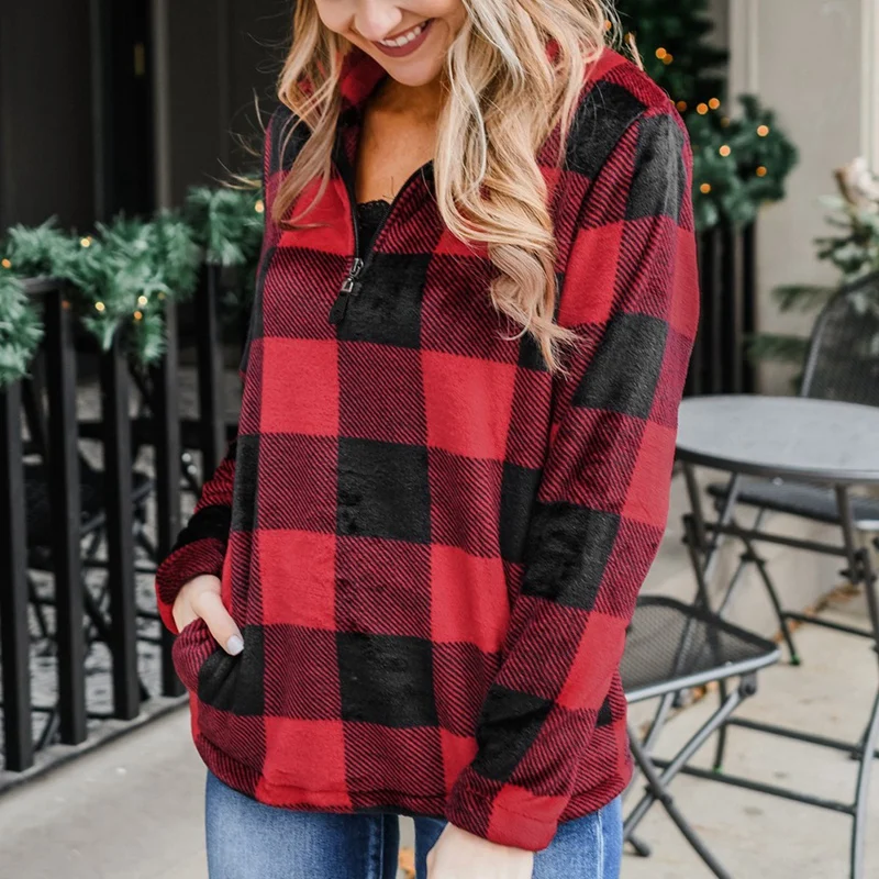

Hot Kf-Hoodies For Womens Fall Winter Casual Loose Hooded Sweatshirt Plaid Print Long Sleeve Drawstring Pullover Tops