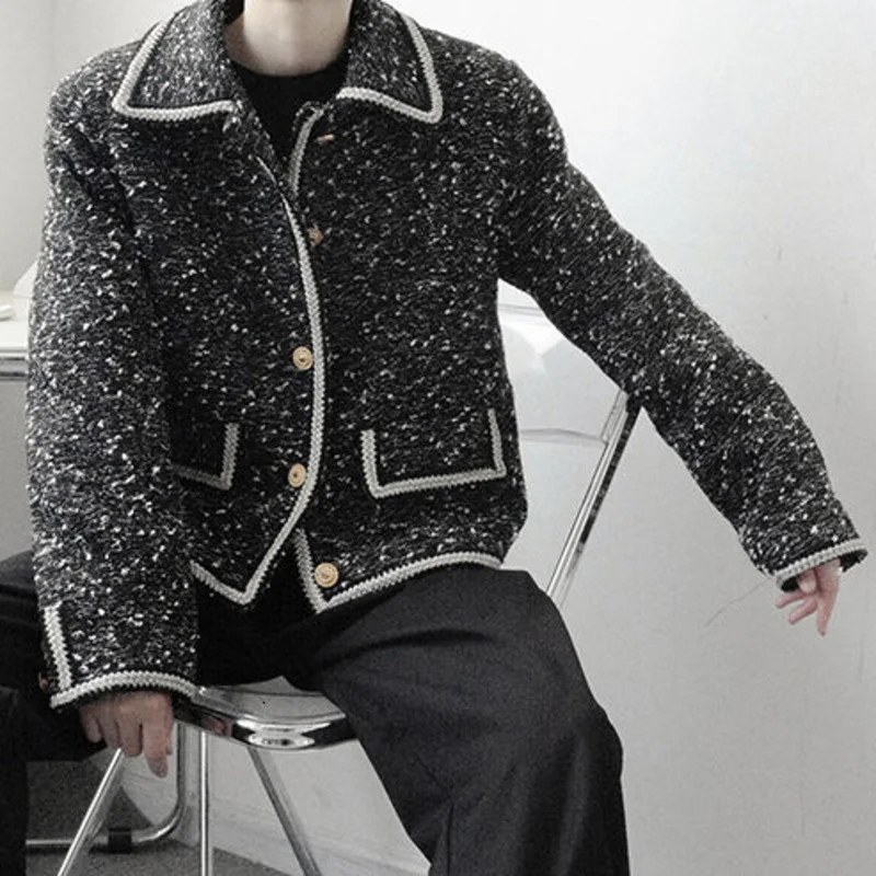 

Куртка твидовая мужская свободного покроя, однобортная светильник Повседневная плотная короткая, с отложным воротником, Осень-зима 2021