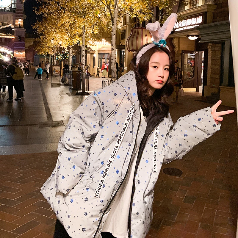 2021 Модное Новое зимнее пуховое хлопковое пальто женская Светоотражающая