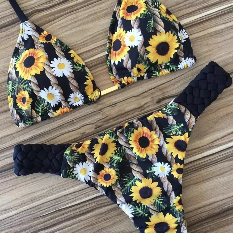 

Ruffled Tropical Leaves Bathing Suit Floral Print Swimwear Women Push up Swimsuit 2020 Female Bohemia Triangle Halter Bikini Set