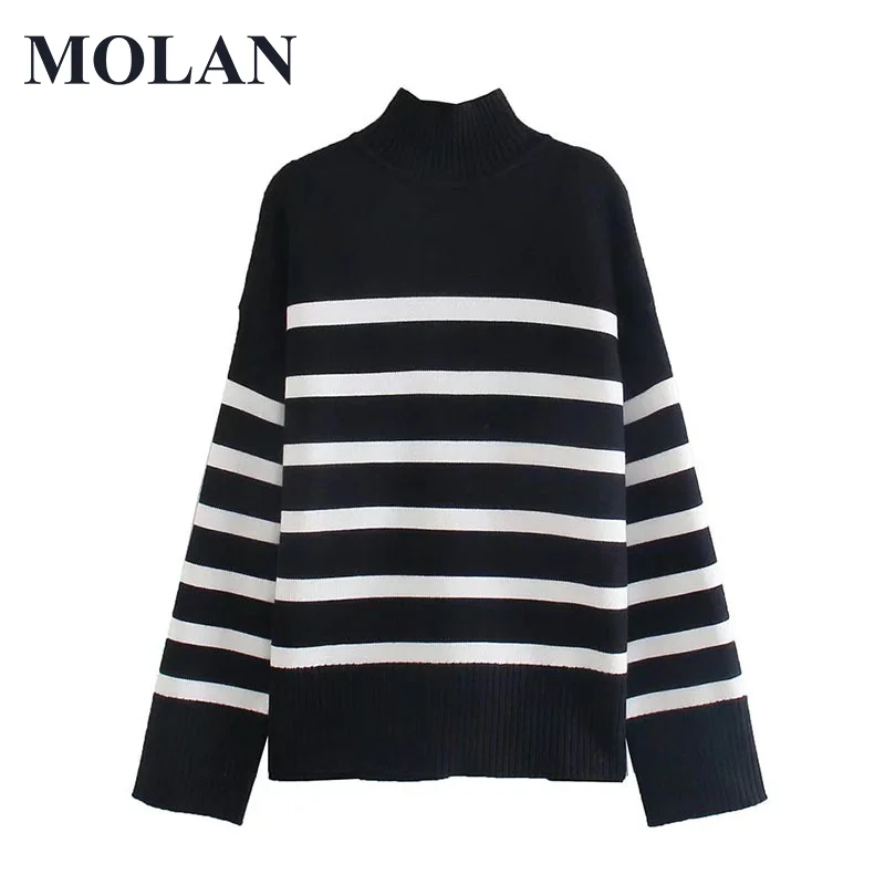 

MOLAN Za Woman Casual Sweater Vintage Striped Plus Long Sleeve Soft Knitted Winter Warm Sweater Black Loose Female Outwear