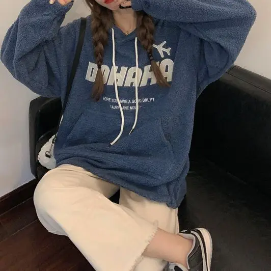 

Fashion Patchwork Oversized Women'S Sweatshirt Winter Leisure Loose Wool Thickening Letter Long Sleeve Hoodie Women Streetwear