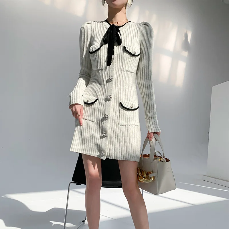 

New bowknot decorated bright silk knitted dress in spring 2021