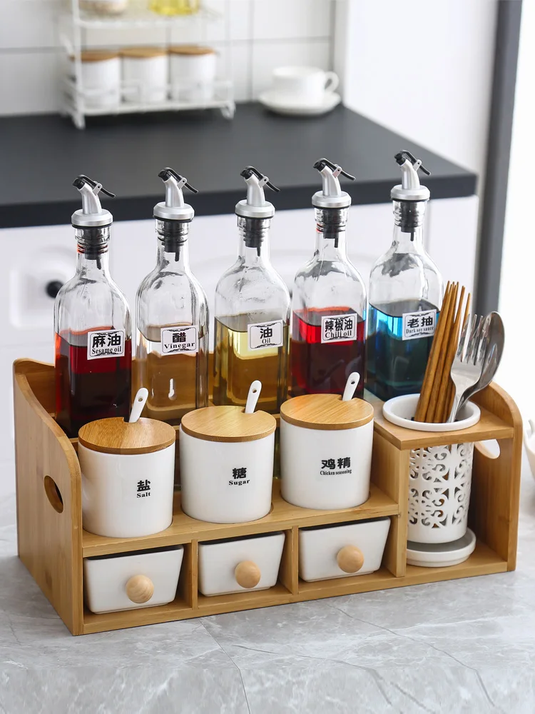 

Household seasoning box glass oil bottle combination kitchen creative ceramic seasoning jar seasoning bottle chili salt pot set