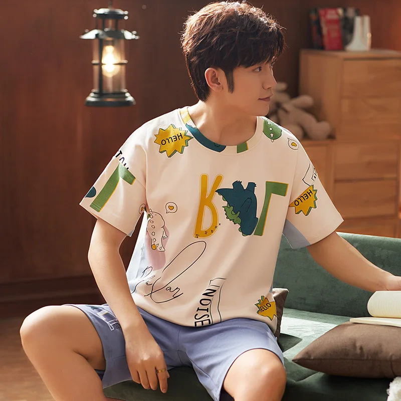 Новые летние пижамы для пар 100% хлопок милые повседневные мужские с круглым