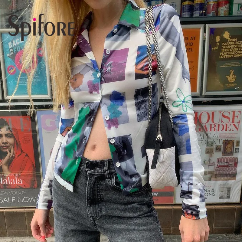 Женская футболка с длинным рукавом принтом и отложным воротником|Футболки| |