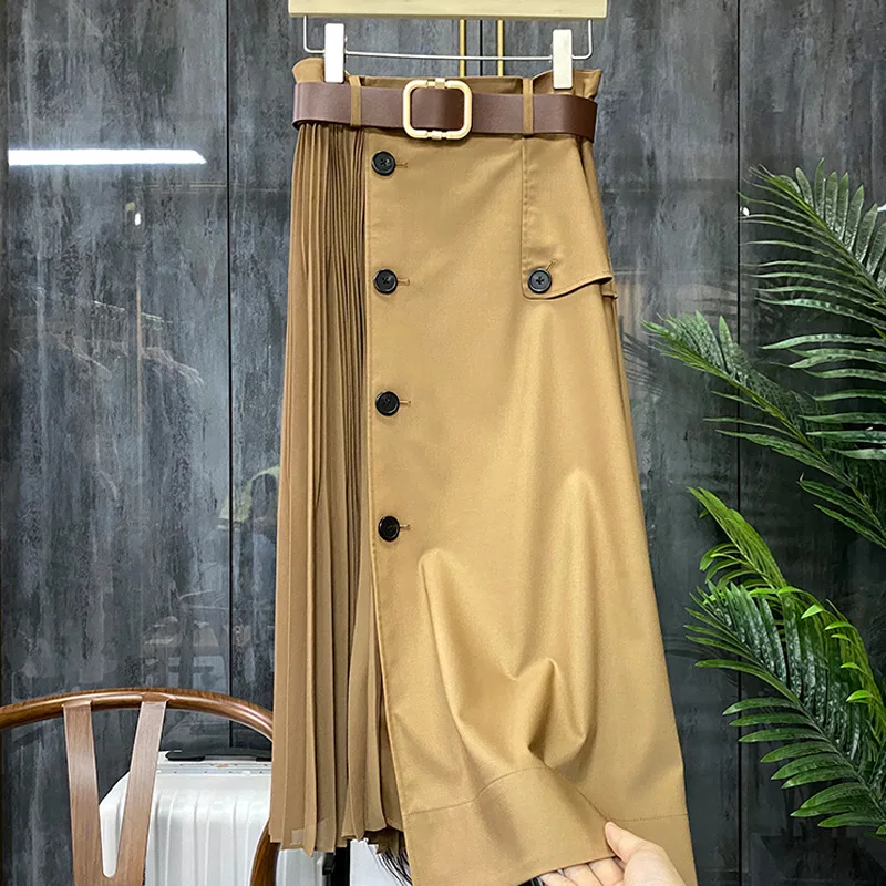 

High Waist Brown Bandage Asymmetrical Pleated Temperament Half-body Skirt Women Fashion Tide New Spring Autumn 2021