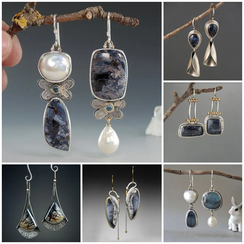 

Delicate Geometric Resin Water Drop Stone Earrings Asymmetric Jewelry Two Color Metal White Pearl Dangle Earrings Gift
