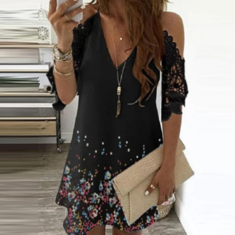 

2021 Beach Style V-neck Lace Party Dress Women Summer Floral Print Lady Mini Dress Spring Half Sleeve Off Shoulder Dress Vestido
