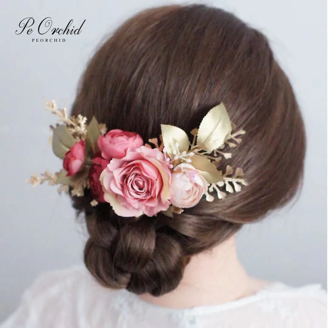 

PEORCHID Korea Pink Flowers Bridal Hair Comb For Women Gold Headpiece Accesorios Para Mujer Floral Wedding Hair Decoration