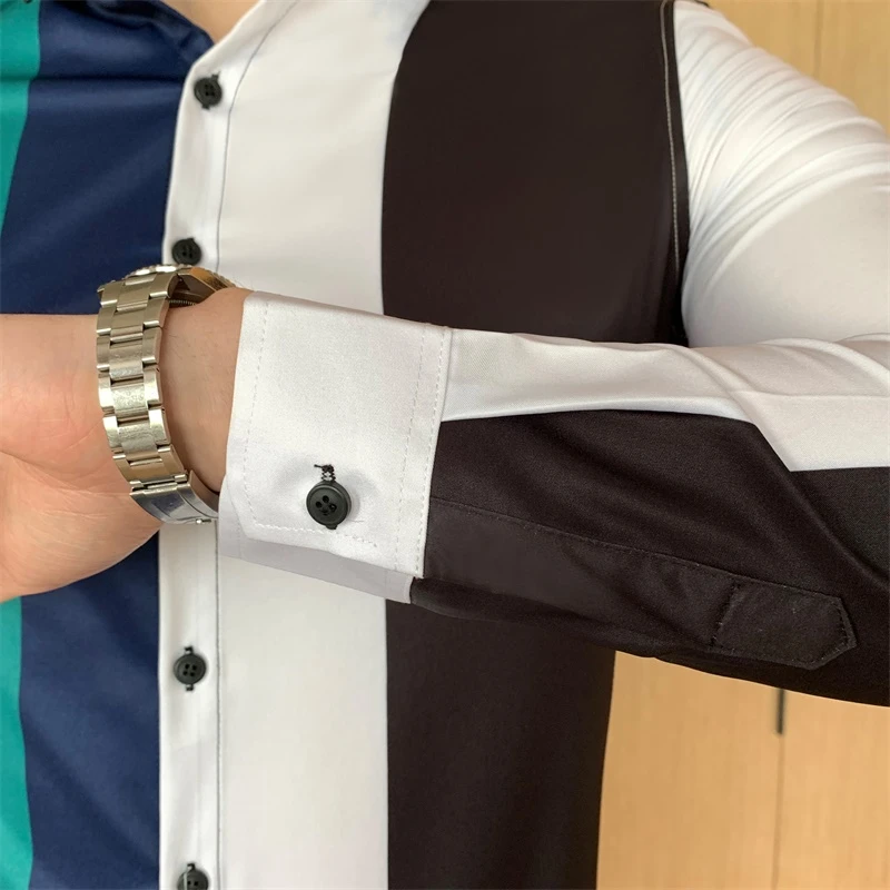 

Fashion Patchwork Striped Shirt For Men Slim Fit Mens Casual Business Formal Dress Shirts Streetwear Clothing Long Sleeve V433