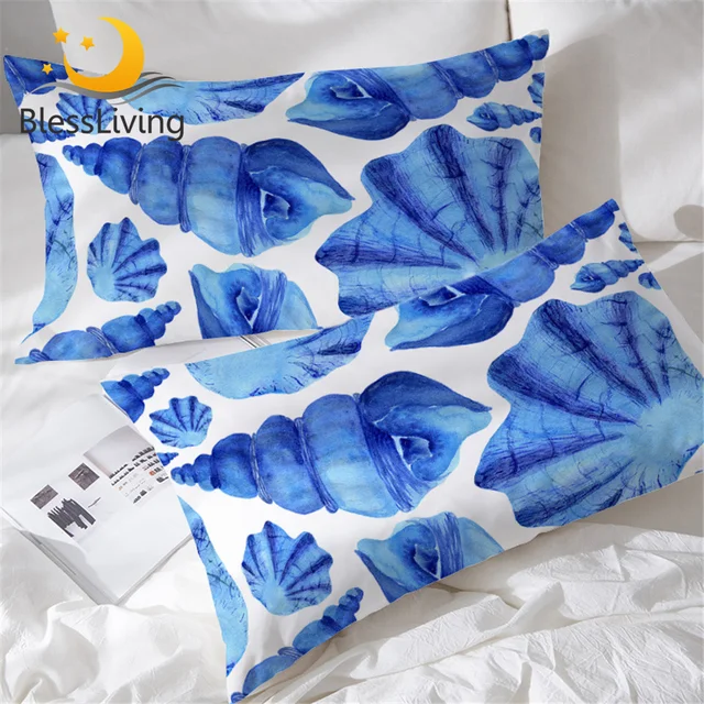 BlessLiving Seashell Pillowcase Conch Pillow Case Watercolor Blue and White Pillow Cover Ocean Beach Theme Bedding 50cmx90cm New 1