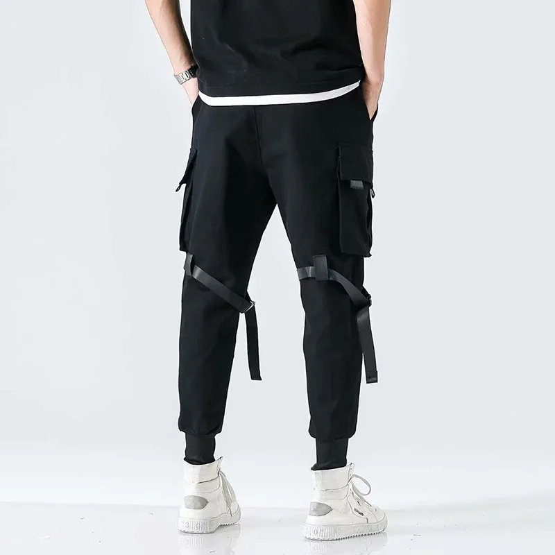 

2021 Black Cargo Pants Men Streetwear Hip Hop Pants Mens Joggers Loose Casual Sport Ankle length Trousers Elastic waist XXXL